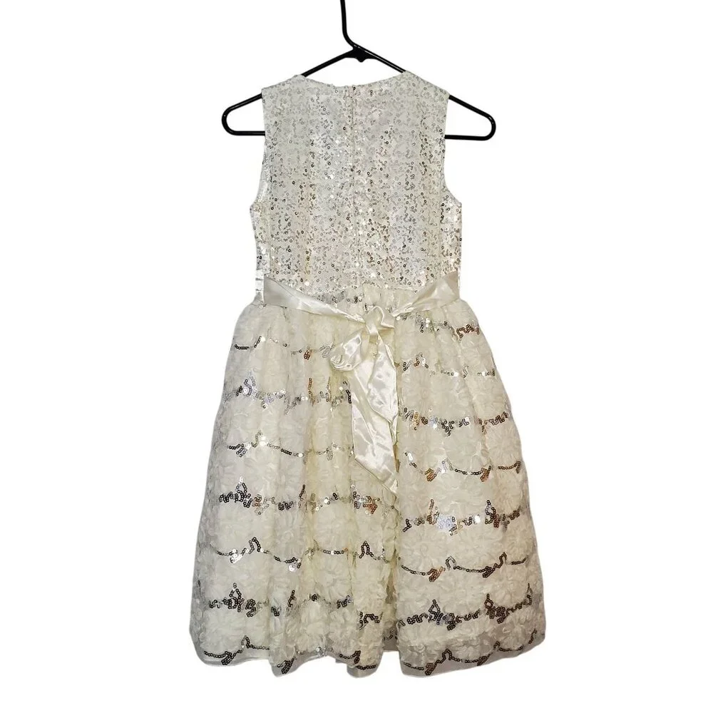 Special Editions Ivory Sequin & Lace Girls Dress Size 16 Sleeveless Satin Bow Ac - Picture 1 of 5
